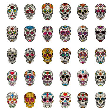 Beyaz arka plan üzerinde izole Meksika şeker kafatasları büyük kümesi. Poster, kart, t gömlek tasarım öğesi. Vektör görüntü