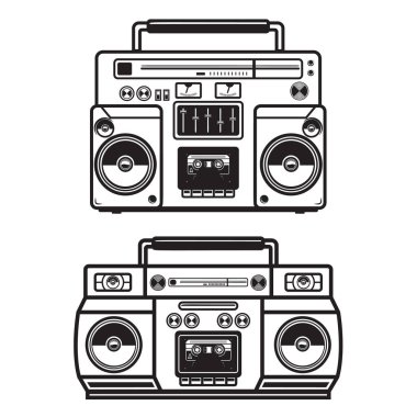 Boombox illüstrasyonlar beyaz arka plan üzerinde kümesi. Tasarım öğesi logosu, etiket, amblem, işaret, rozet, poster, t gömlek için. Vektör görüntü