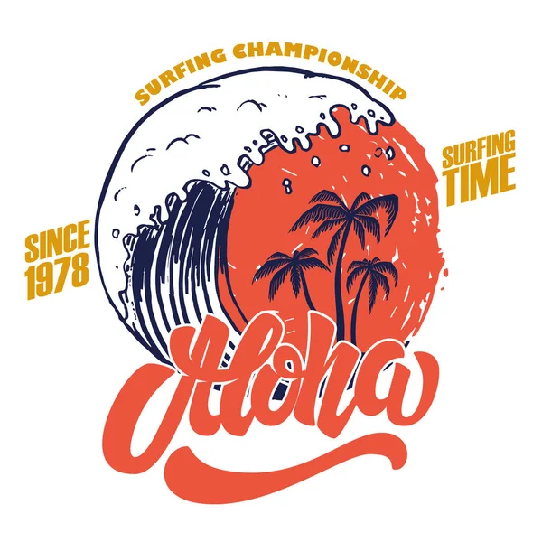 Aloha Surfing Czasu Plakat Szablon Napisem Palmy Wektorowa — Wektor stockowy