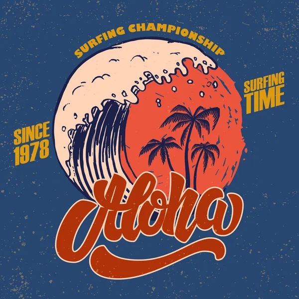 Aloha Surfing Czasu Plakat Szablon Napisem Palmy Wektorowa — Wektor stockowy