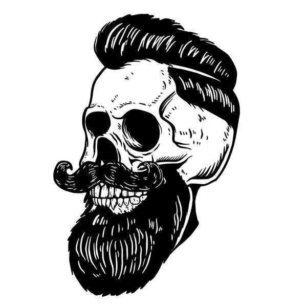 手绘的图 在白色背景查出的长胡子头骨 设计元素为理发店海报 向量例证 — 图库矢量图片