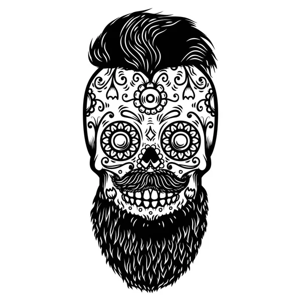 Bearded Sugar Skull Design Element Poster Card Print Emblem Sign — Stock Vector