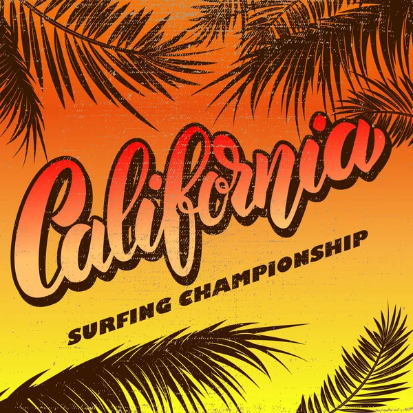 California Mistrzostwa Surfowaniu Plakat Szablon Napisem Palmy Ilustracja Wektorowa — Wektor stockowy