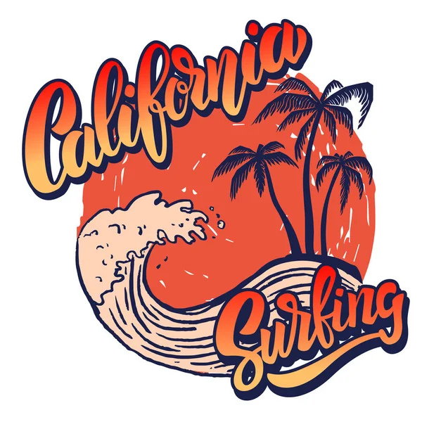 California Surf Rider Reklámplakát Betűk Ujjak Tenyér Vektor Kép — Stock Vector