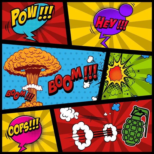 Simulacro Página Cómica Con Fondo Color Bomba Dinamita Explosiones Elemento — Vector de stock