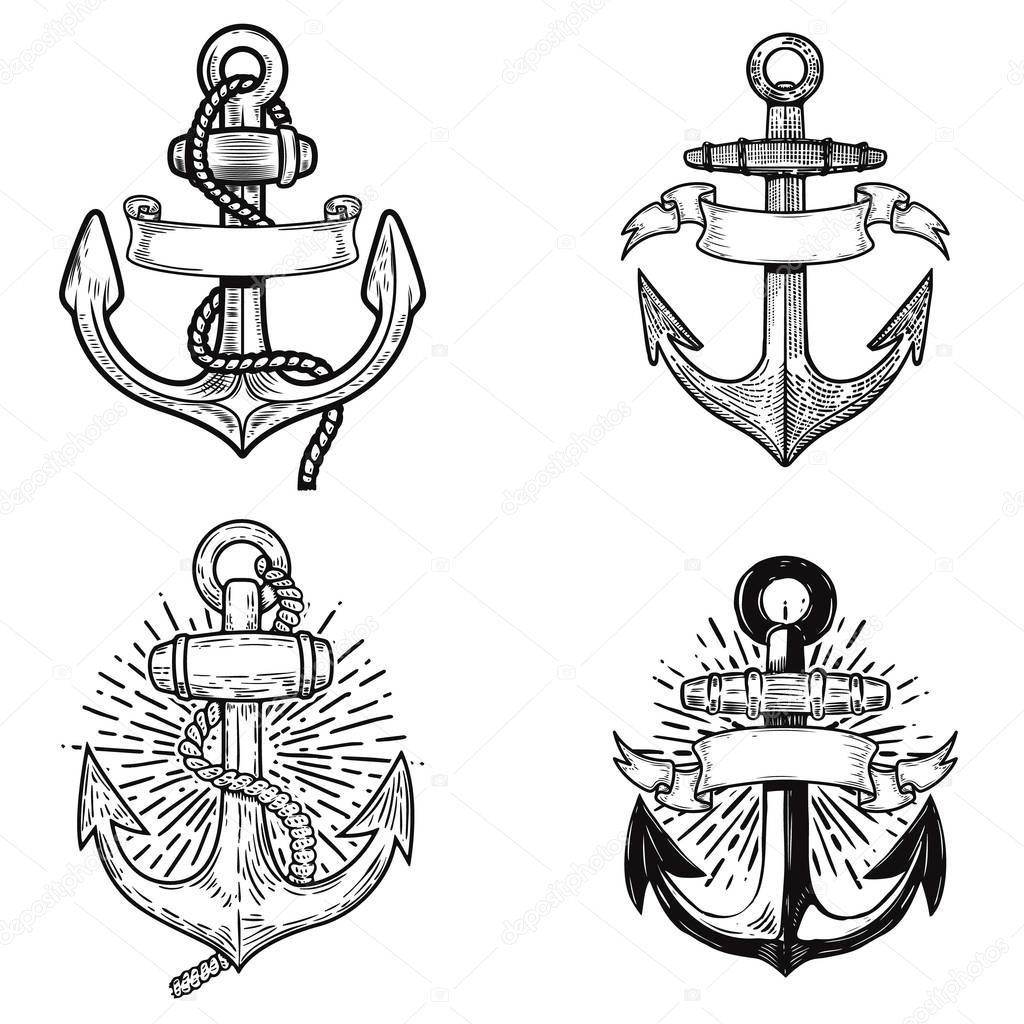 Set of emblems with anchors. Design element for logo, label, sign, t shirt. Vector illustration