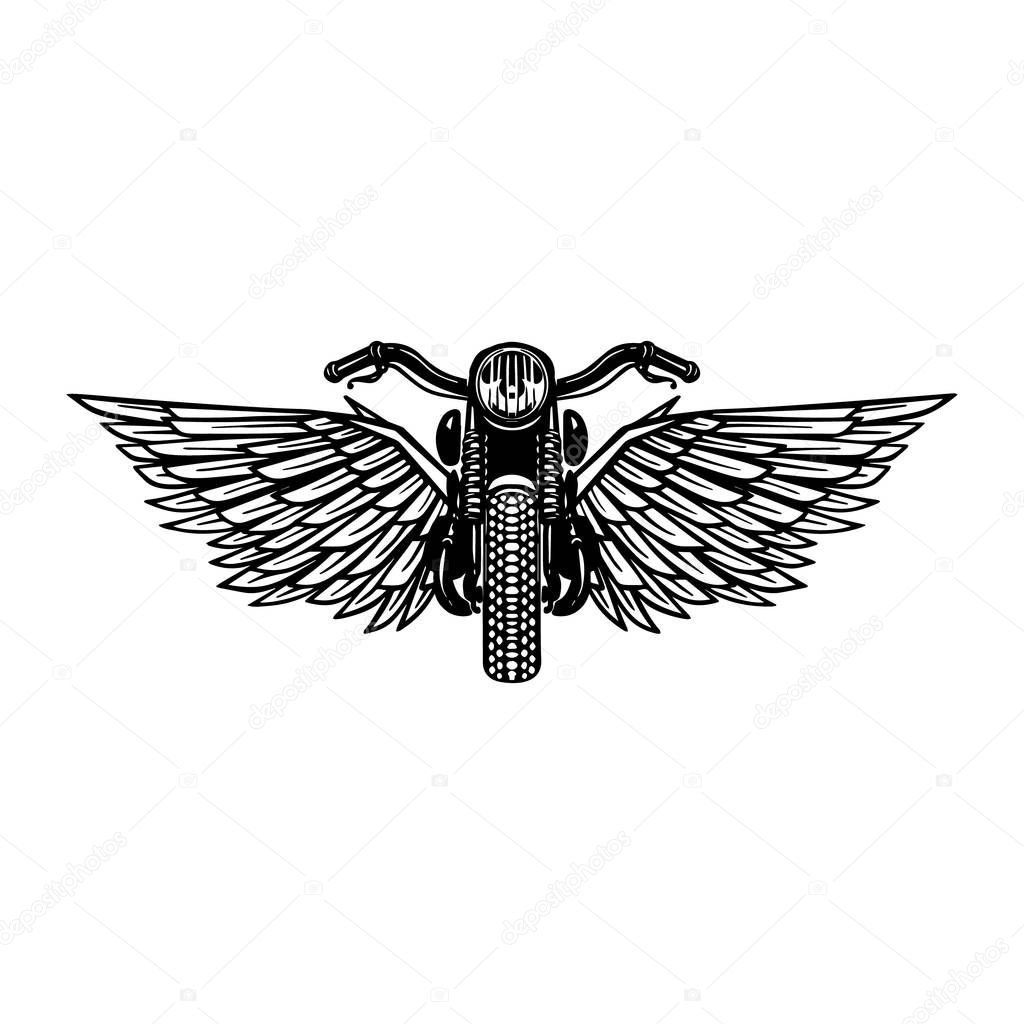 Hand drawn motorcycle illustration with wings. Design element for logo, label, emblem, sign, badge, poster, t shirt. Vector image