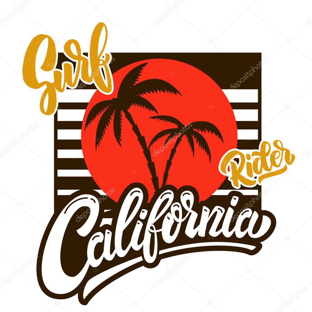 California surf rider. Poster template with lettering and palms. Vector image