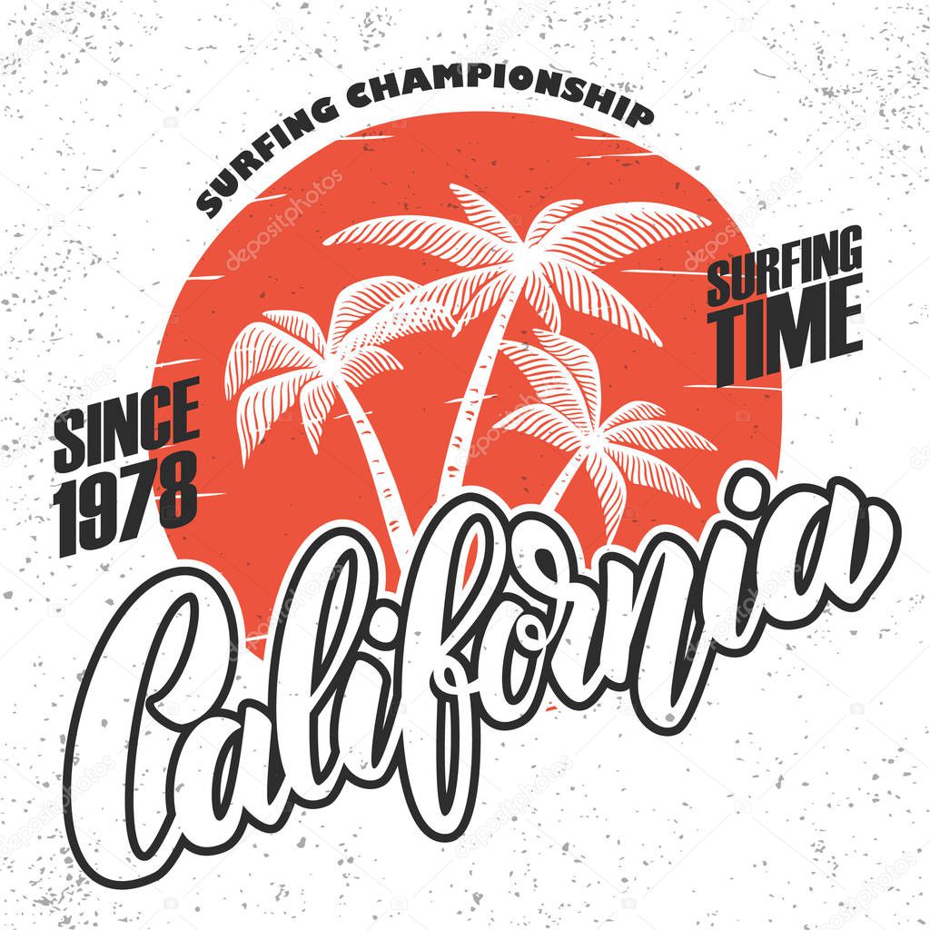California surf rider. Poster template with lettering and palms. Vector image