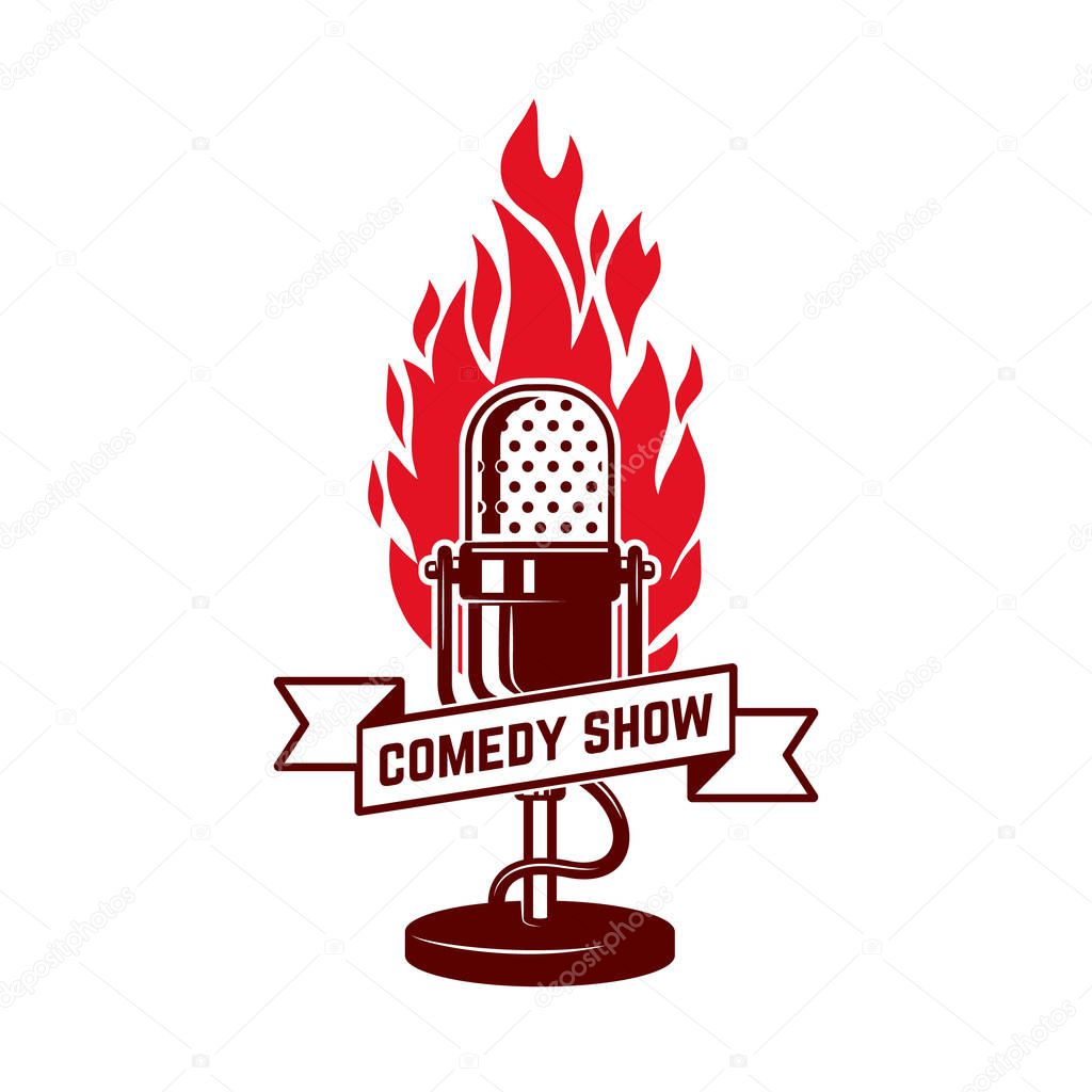 Comedy show emblem template. Design element for poster, flyer, emblem, sign. Vector illustration.