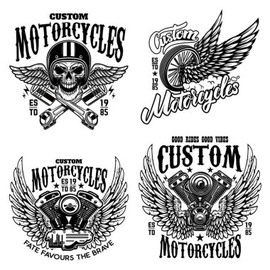 Motosiklet motorlu, wheels racer amblemi şablonları kümesi. kanatlar. Tasarım öğesi için logo, etiket, arma, işaret, poster, t gömlek. Vektör çizim