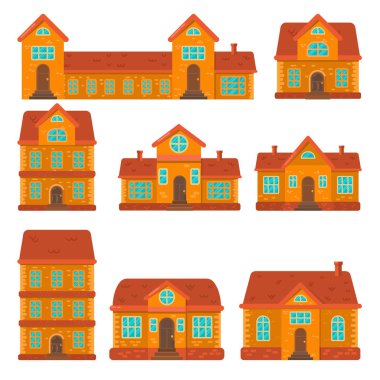 Evler resimlerde düz stil kümesi. Poster, afiş, el ilanı, hareket tasarımı, web sayfası tasarım öğesi. Vektör görüntü