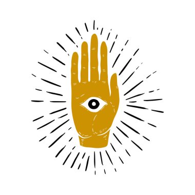 Sunburst, el ve tüm gören göz sembolü çekilmiş örnek ver. Providence gözü. Masonik sembol. Vektör görüntü