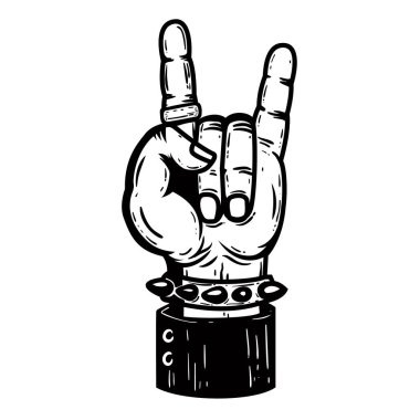 İnsan eli rock'n roll işareti ile. Tasarım öğesi için logo, etiket, arma, işaret, rozet. Vektör görüntü