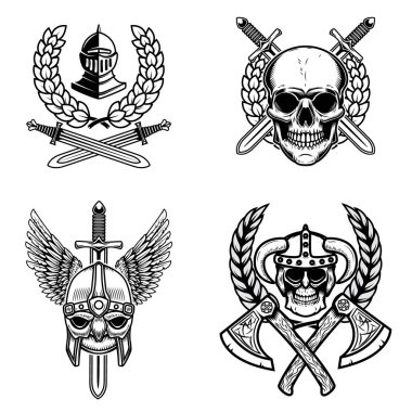 Amblem viking antik silahla kümesi. Tasarım öğesi logosu, etiket, arma, işaret, poster için. Vektör çizim