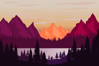 Dağ manzarası düz stil içinde Illustration. Afiş, el ilanı, sunum, broşür tasarım öğesi. Vektör görüntü