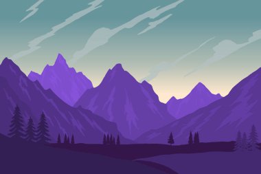 Dağ manzarası düz stil içinde Illustration. Afiş, el ilanı, sunum, broşür tasarım öğesi. Vektör görüntü