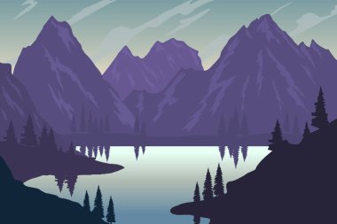 Dağ manzarası düz stil içinde Illustration. Afiş, el ilanı, sunum, broşür tasarım öğesi. Vektör görüntü