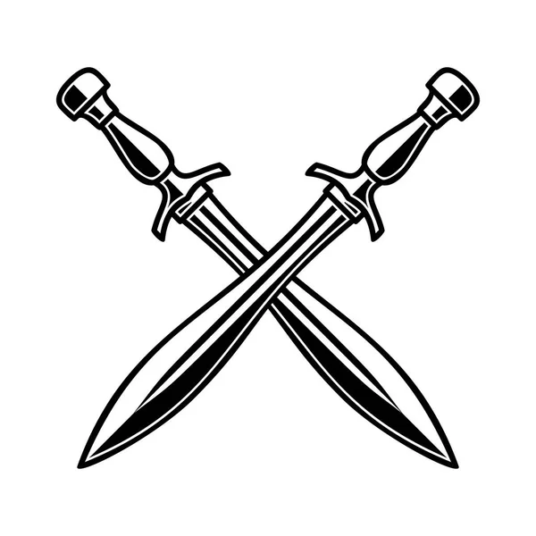 白い背景の上の中世の剣を渡った ラベル エンブレム サイン ポスター シャツのデザイン要素です ベクトル図 — ストックベクタ