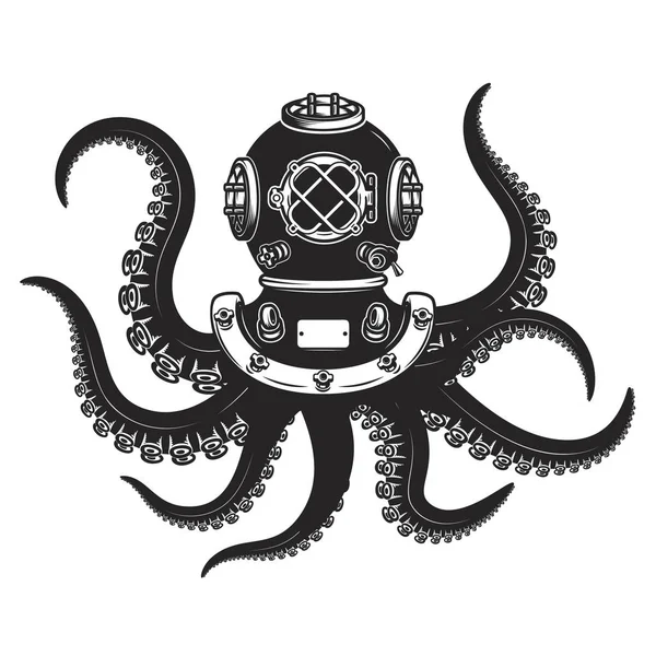 Potápěč Helma Chapadla Chobotnice Izolovaných Bílém Pozadí Prvky Pro Plakát — Stockový vektor