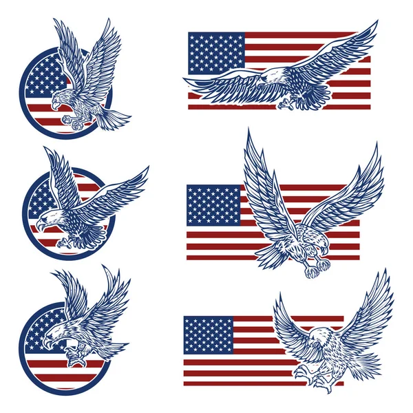 米国旗の背景にワシとエンブレムのセットします ラベル 記号の要素をデザインします ベクトル図 — ストックベクタ