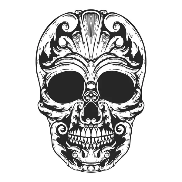 Calavera Humana Dibujada Mano Hecho Formas Florales Elemento Diseño Para — Vector de stock