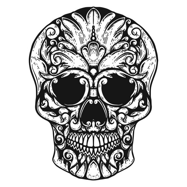 Ручной рисунок черепа человека сделал цветочные формы. Элемент дизайна для плаката, футболки. Векторная иллюстрация
