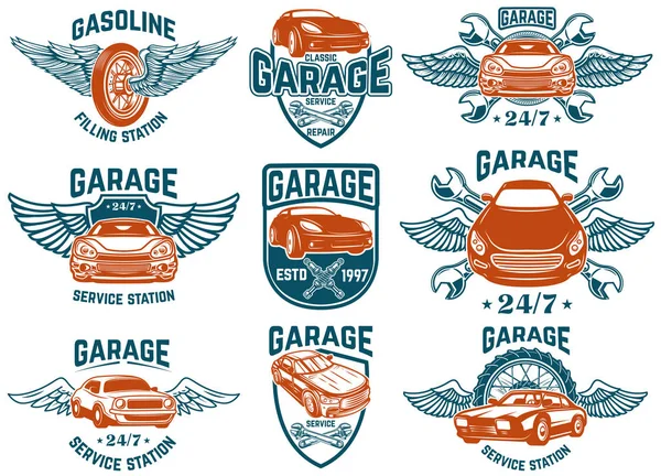 Reparación Coches Garaje Emblemas Servicio Automóviles Elementos Diseño Para Logotipo — Archivo Imágenes Vectoriales