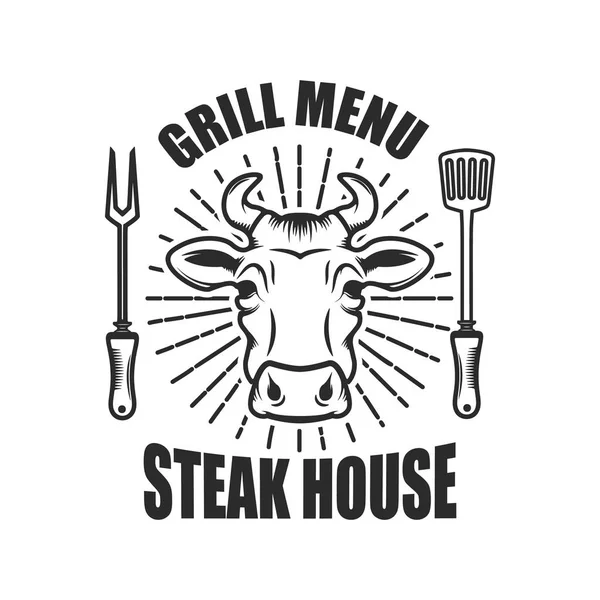 Steakhouse Emblem Template Cow Head Kitchen Tools Vector Illustration — Stock Vector