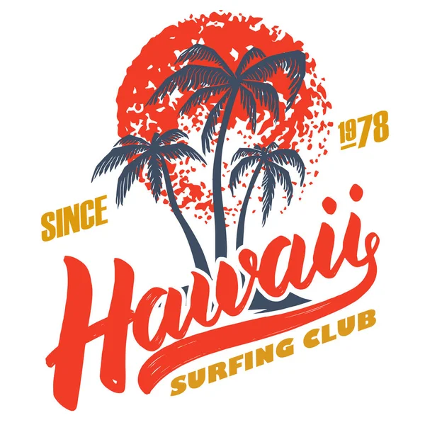 Hawaii Surfing Club Plakatvorlage Mit Schriftzug Und Handflächen Vektorbild — Stockvektor