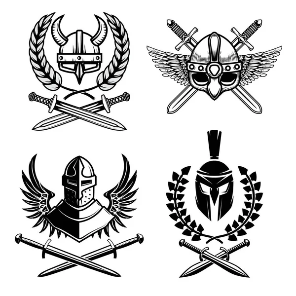 Conjunto Emblemas Con Arma Antigua Vikinga Elemento Diseño Para Logotipo — Vector de stock