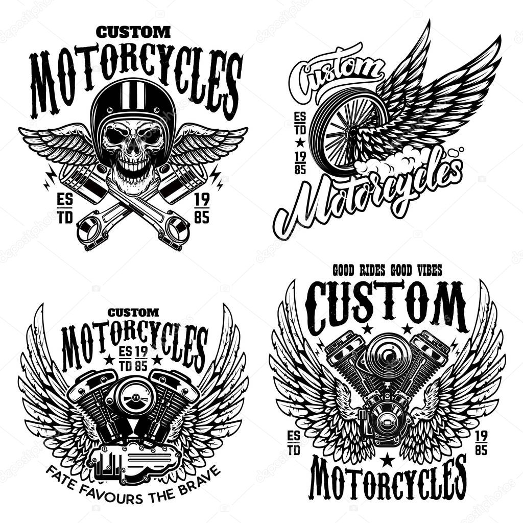 Set of racer emblem templates with motorcycle motor, wheels. wings. Design element for logo, label, emblem, sign, poster, t shirt. Vector illustration