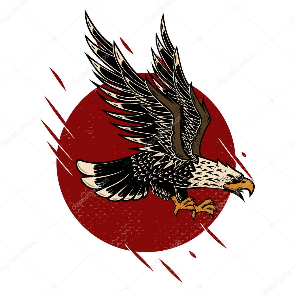 Illustration of eagle in old school tattoo style. Design element for poster, flyer, emblem, sign. Vector illustration. 