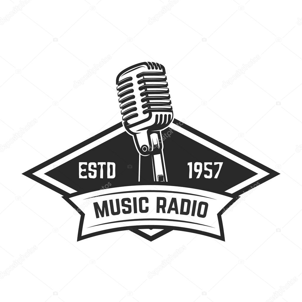 Music radio. Emblem template with retro style microphone. Design element for logo, label, sign. Vector image