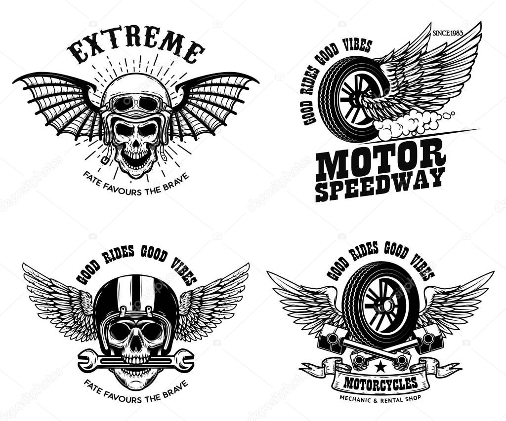 Set of racer emblem templates with motorcycle motor, wheels. wings. Design element for logo, label, emblem, sign, poster, t shirt. Vector illustration