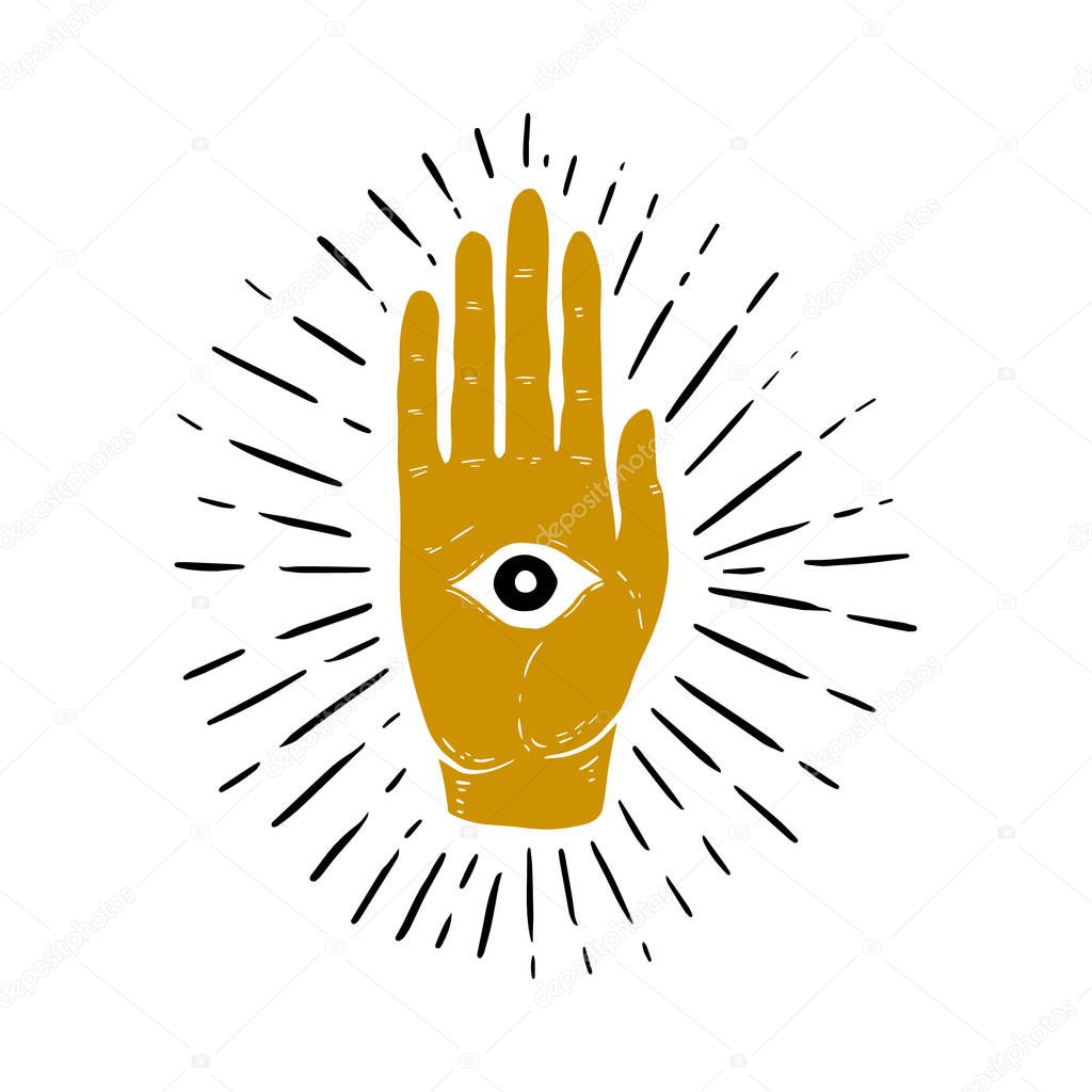 Hand drawn illustration of sunburst, hand, and all seeing eye symbol. Eye of Providence. Masonic symbol. Vector image