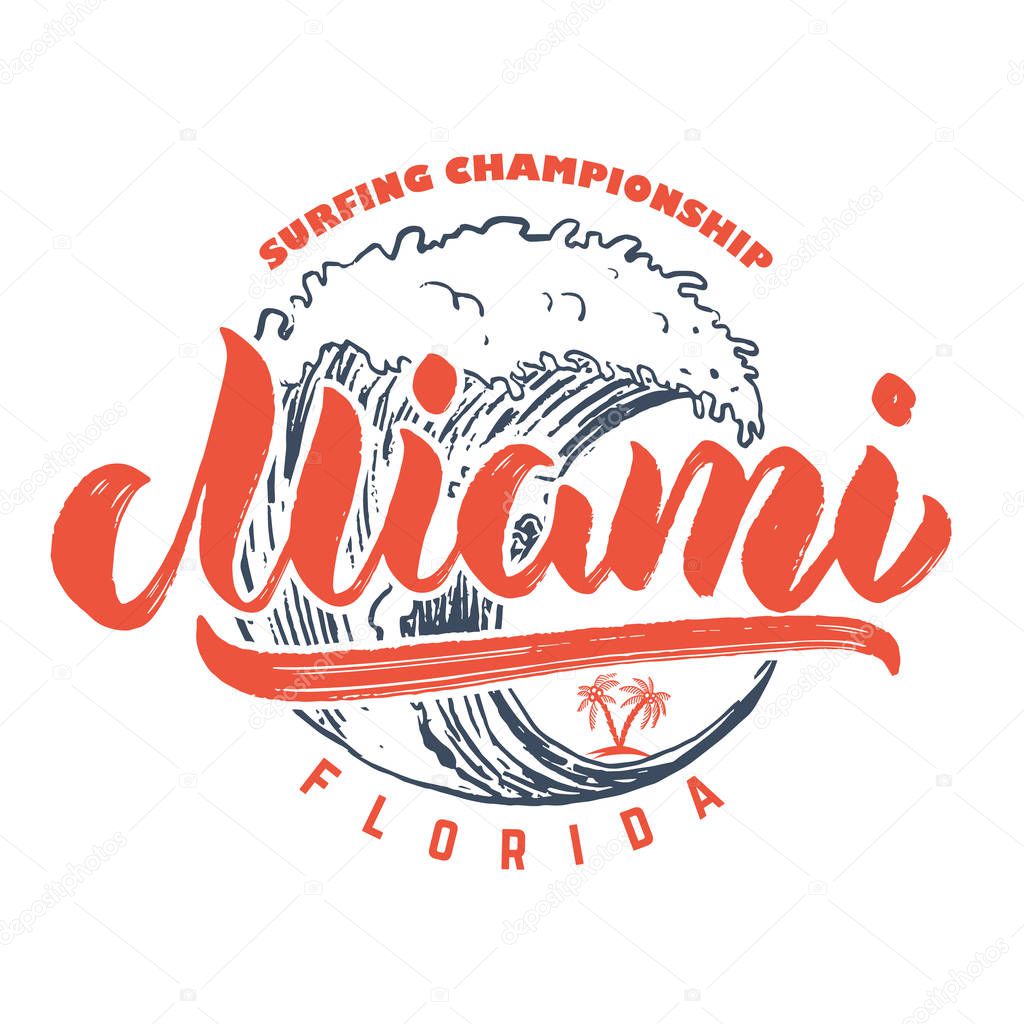Miami. Poster template with lettering and palms. Vector image