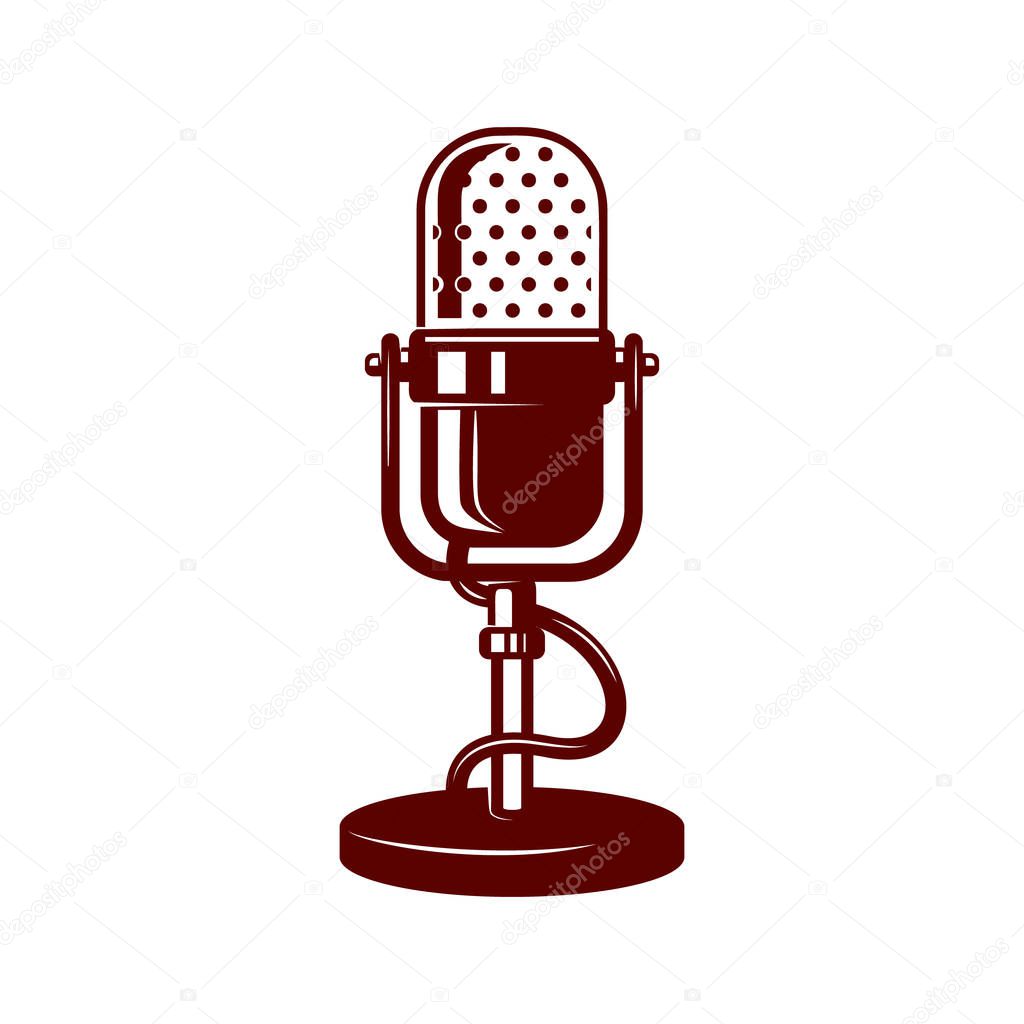 Microphone illustration on white background. Design element for logo, label, emblem, sign. Vector image