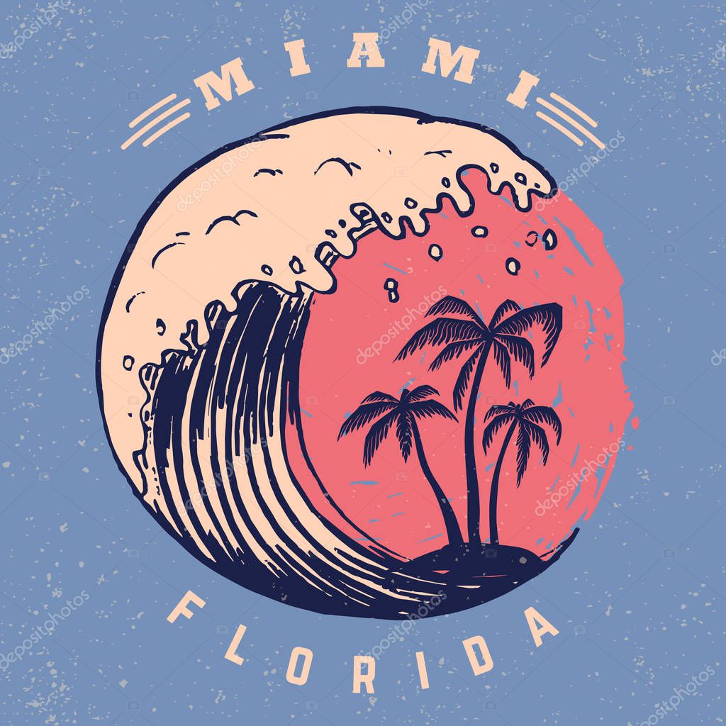 Miami. Poster template with lettering and palms. Vector image