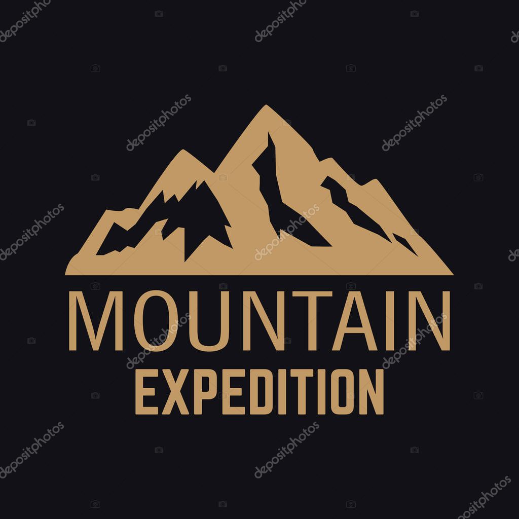 Mountain expedition. Emblem template with rock peak. Design element for logo, label, emblem, sign, poster. Vector illustration