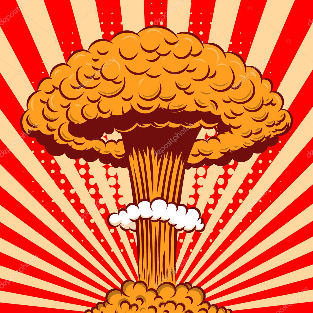 Nuclear explosion in cartoon style on comic background. Design element for poster, card, banner, flyer. Vector illustration