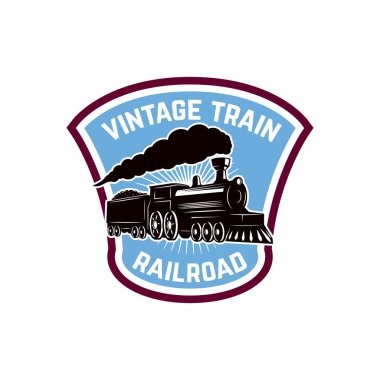 Vintage tren. Retro lokomotif amblemi şablonu. Vektör çizim
