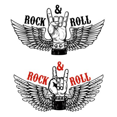 Rock Festivali. Rock'n roll işareti kanatlı arka plan üzerinde insan eliyle. T-shirt baskı, poster için tasarım öğesi. Vektör çizim.