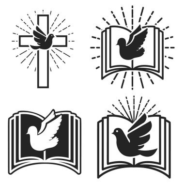Dini topluluk. Güvercin ve Holy Bible amblemi şablonu. Kutsal ruh. Vektör çizim