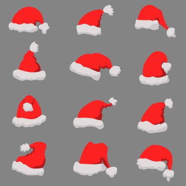 Santa Claus şapka Noel tema kümesi. Tasarım öğesi veya poster, tebrik kartı, afiş, el ilanı, dekorasyon. Vektör çizim