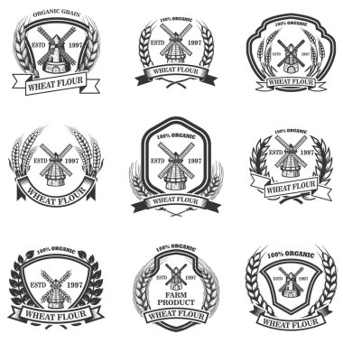 Buğday unu etiket kümesi. Amblem buğday ve mills ile. Poster, logo, işaret, rozeti için. Vektör görüntü