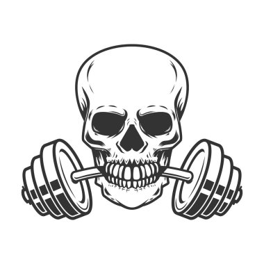Kafatası diş barbell ile. Tasarım öğesi için spor salonu logosu, etiket, amblem, işaret, poster, t gömlek. Vektör görüntü