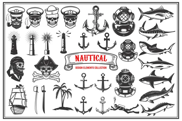 Gran Conjunto Elementos Diseño Para Emblemas Náuticos Restaurante Mariscos Ilustración — Vector de stock