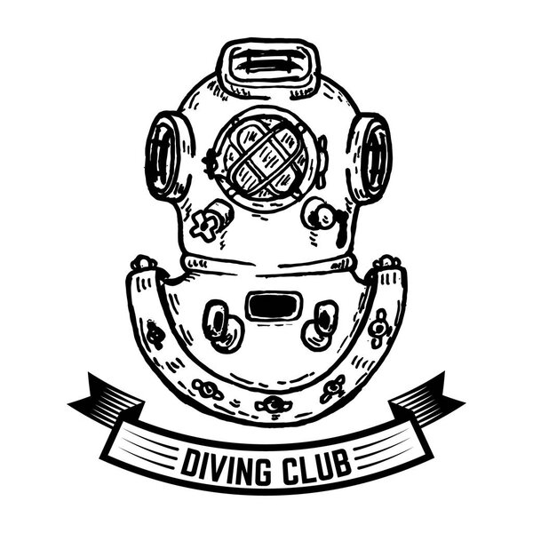 Diving club. Hand drawn vintage diver helmet. Design element for logo, label, design. Vector illustration