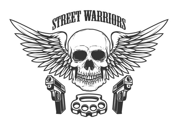 Winged skull with handguns. Design element for logo, label, emblem, sign, t shirt. Vector illustration